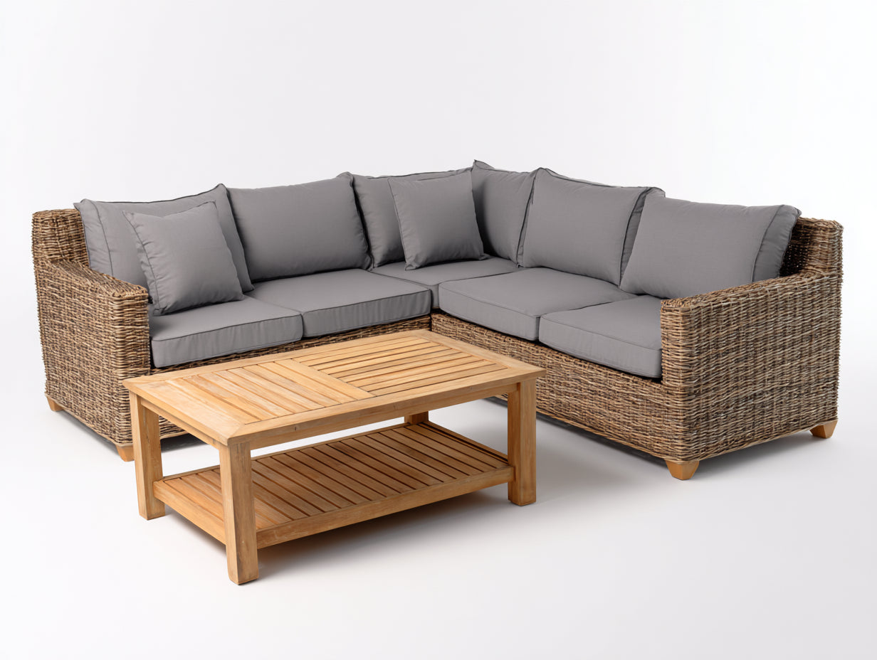 Divani da esterno-Rattan sintetico-legno-tessuto-245x245x84 cm-Naturale-Grigio-Stile contemporaneo