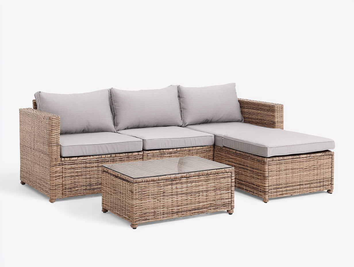 Divani da esterno-Rattan sintetico-vetro-tessuto-238x155x84 cm-Naturale-Grigio chiaro-Stile contemporaneo