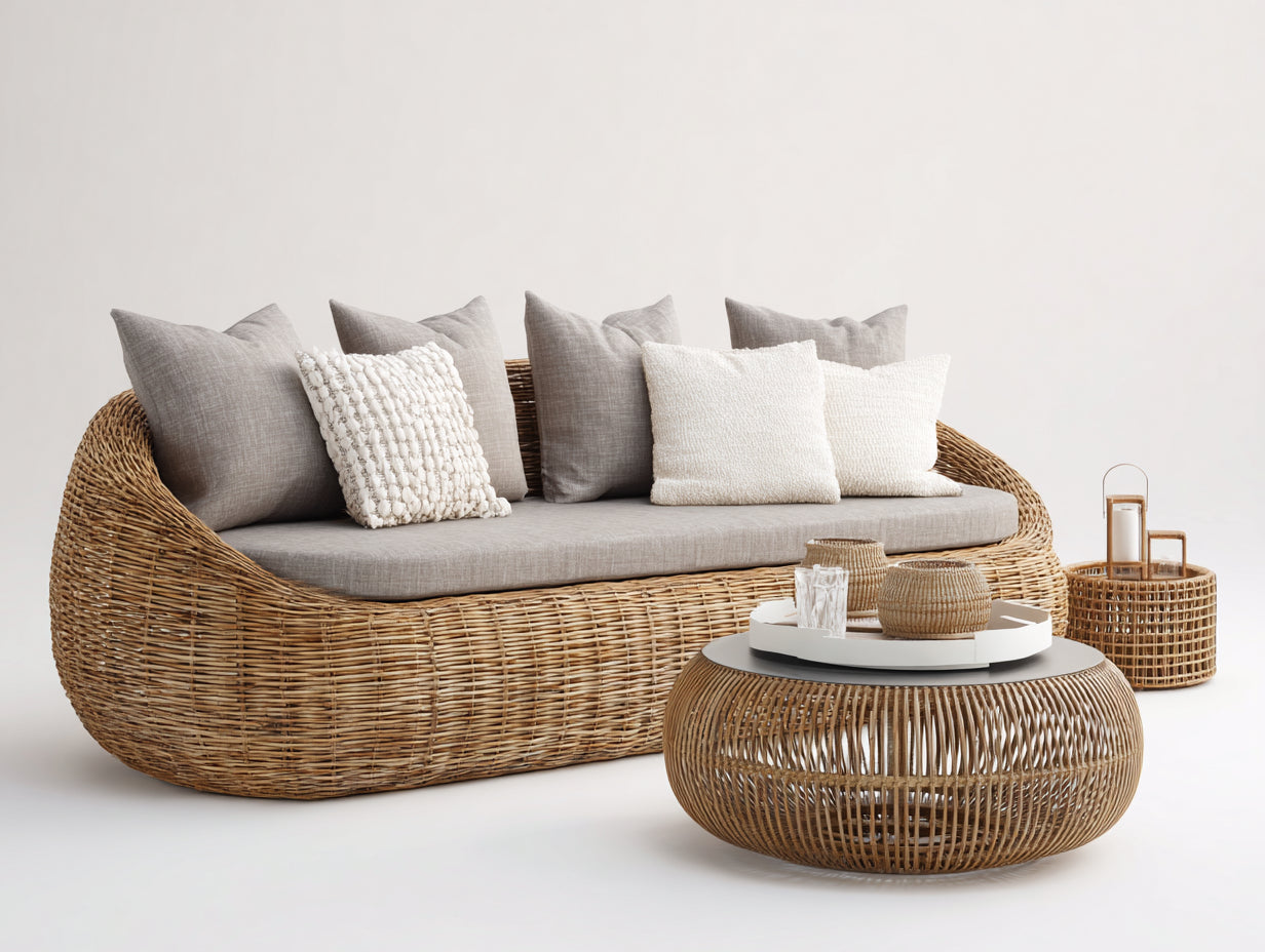 Divani da esterno-Rattan sintetico-tessuto-228x92x80 cm-Naturale-Grigio chiaro-Stile organico moderno