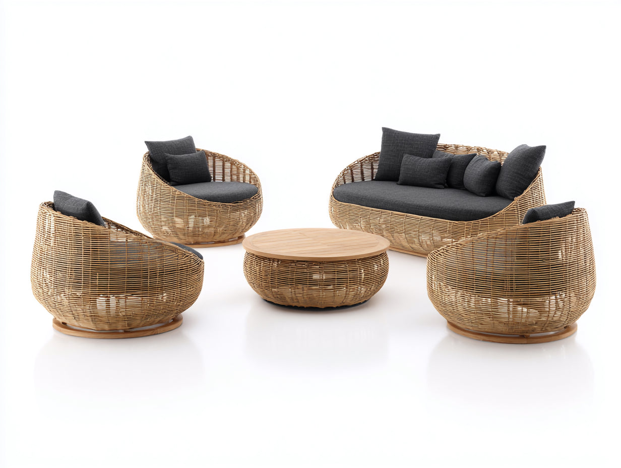 Divani da esterno-Rattan sintetico-legno-tessuto-195x88x76 cm-Naturale-Antracite-Stile organico