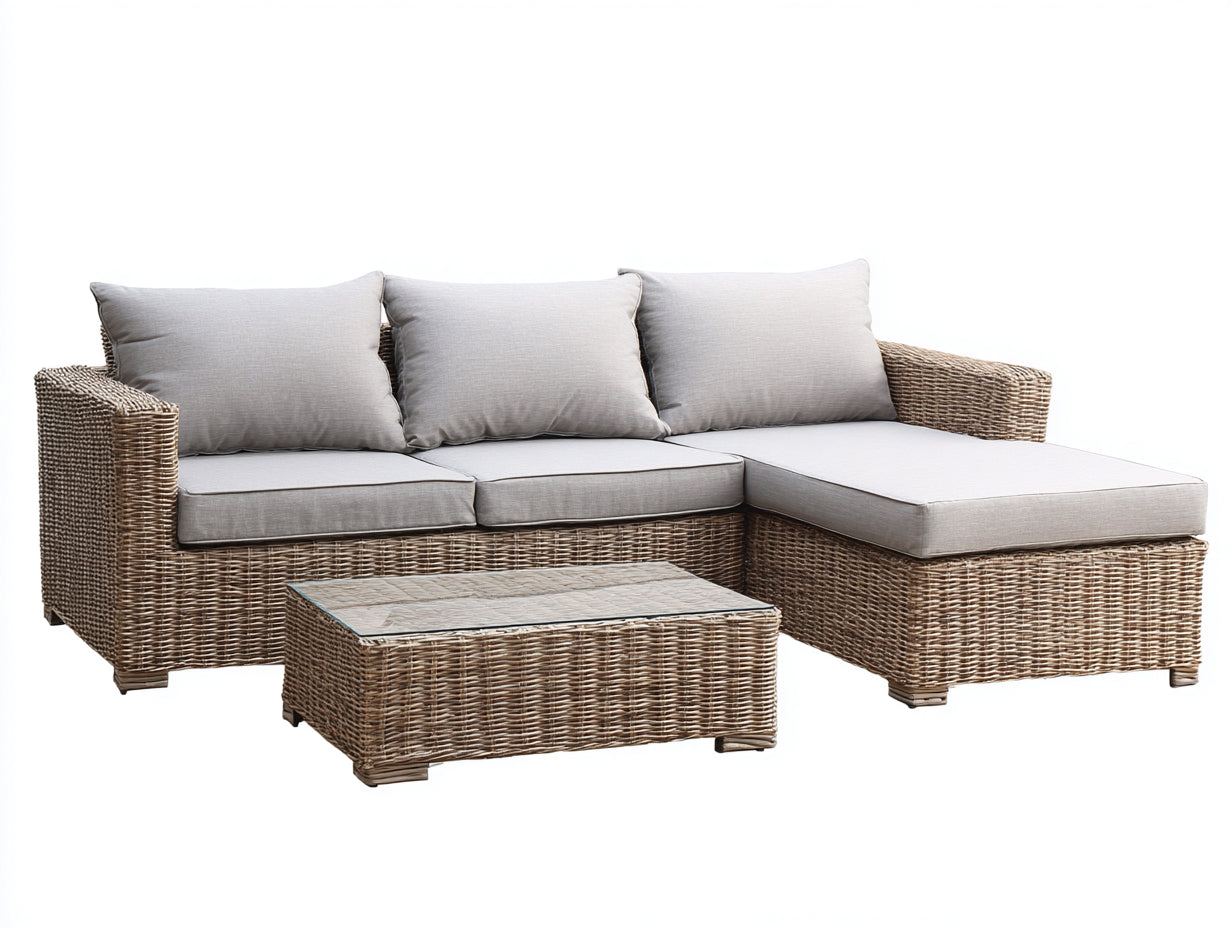 Divani da esterno-Rattan sintetico-vetro-tessuto-242x158x84 cm-Naturale-Grigio chiaro-Stile contemporaneo